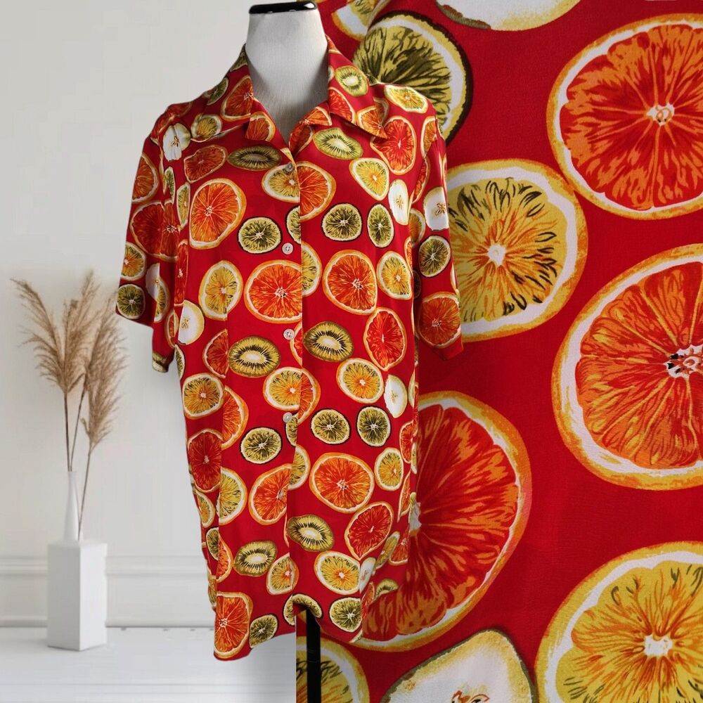 Vintage 90s Citrus Fruit Print Silk Button Up Top Size 1X Oversized Collared